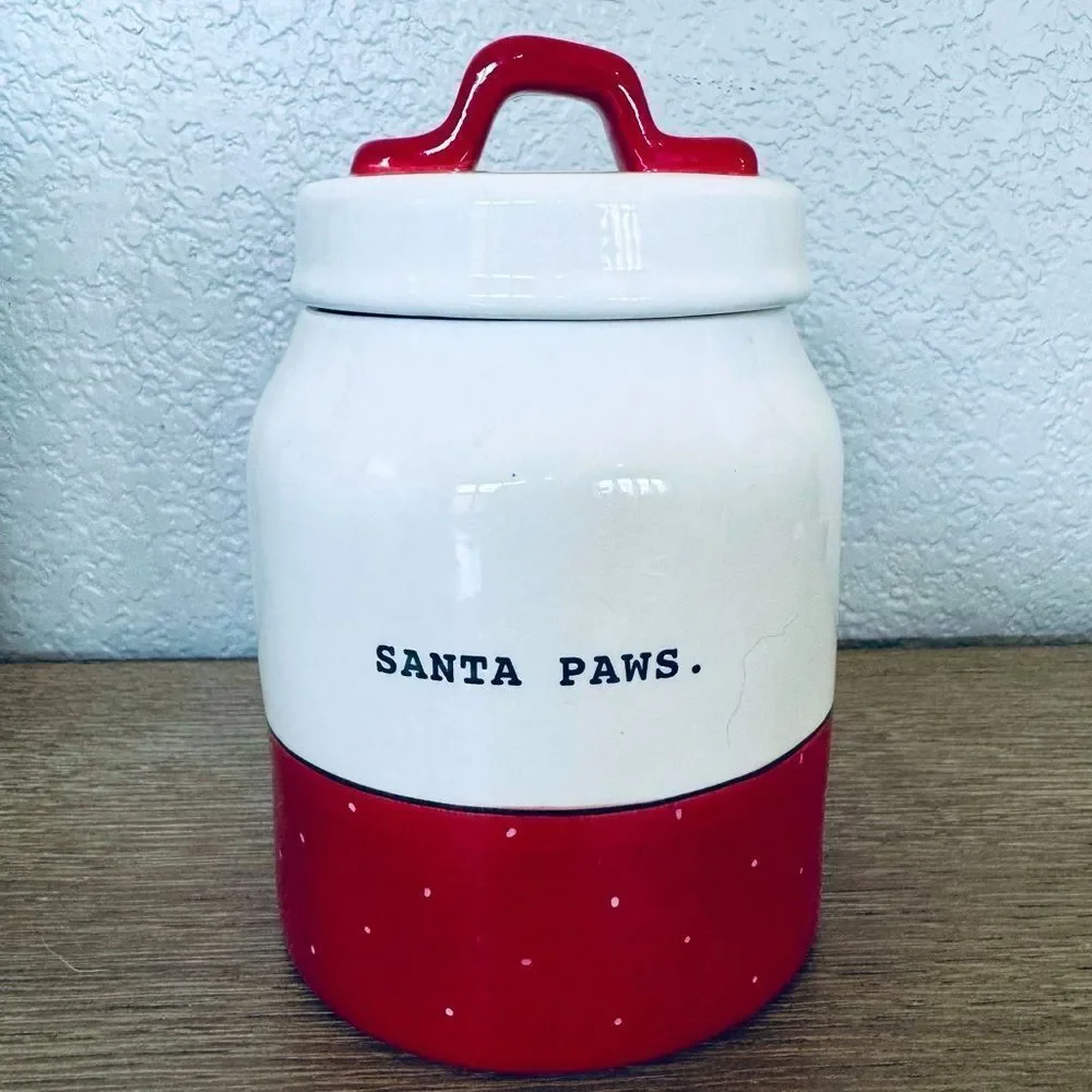 Rae Dunn Santa Paws Christmas Holiday Dog Pet Treat Ceramic Jar Canister
